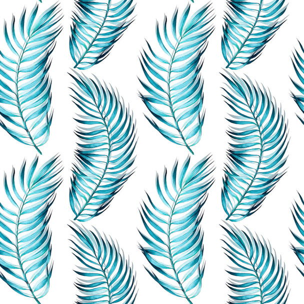 Seamless pattern with tropical palm leaves. Turquoise on white background. Watercolor painting. - Fotoğraf, Görsel