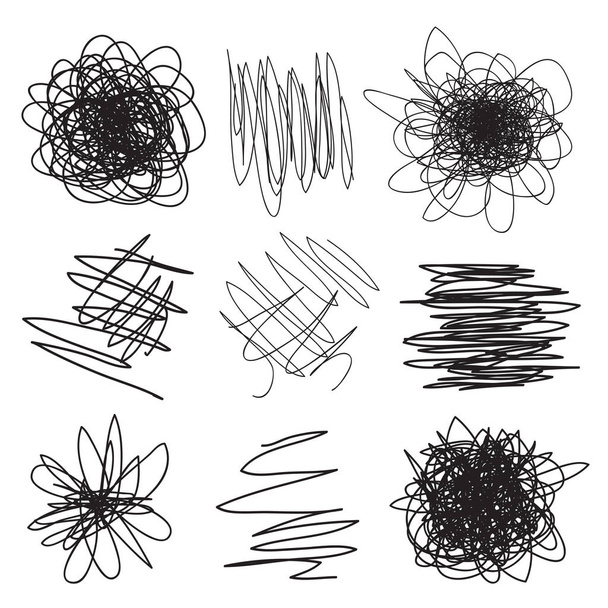 Backgrounds with array of lines. Intricate chaotic textures. Wavy backdrops. Hand drawn tangled patterns. Black and white illustration. Elements for posters and flyers - Vector, Image