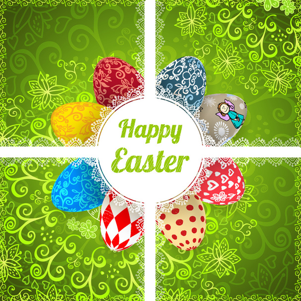 Easter green background card with ornament eggs - Вектор, зображення