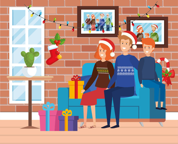 rodina v obývacím pokoji s vánoční dekorace - Vektor, obrázek