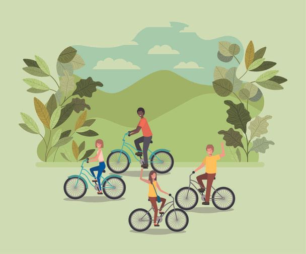 ryhmä ihmisiä polkupyörällä puistossa
 - Vektori, kuva