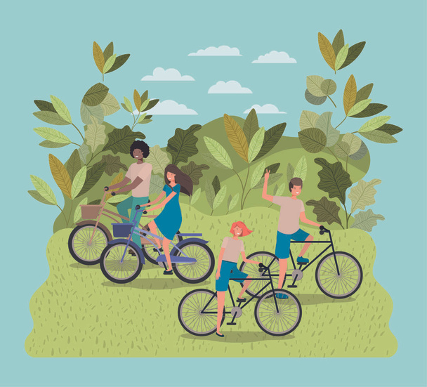Grupa ludzi na rowerze w parku - Wektor, obraz