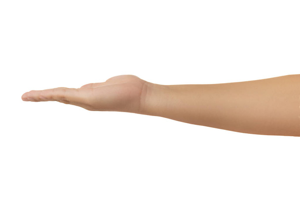Seitenansicht der menschlichen Hand in der Hand ausstrecken Geste isoliert auf weißem Hintergrund mit Clipping-Pfad, geringer Kontrast für Retusche oder Grafik desig - Foto, Bild