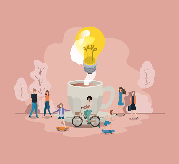 cup of coffee with light bulb and mini people - Vector, Image
