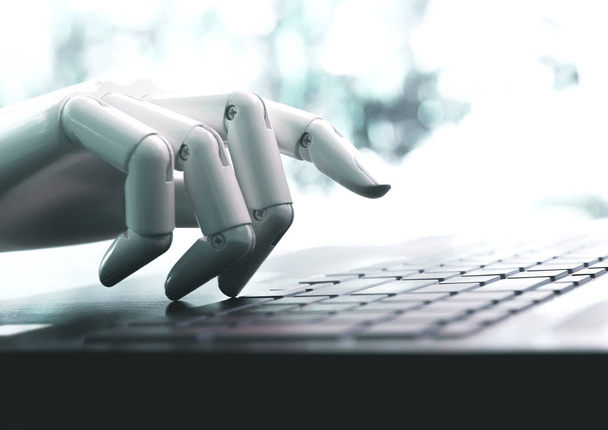 Ρομπότ έννοιας ή ρομπότ chatbot χέρι πιέζοντας το πληκτρολόγιο του υπολογιστή εισάγετε - Φωτογραφία, εικόνα