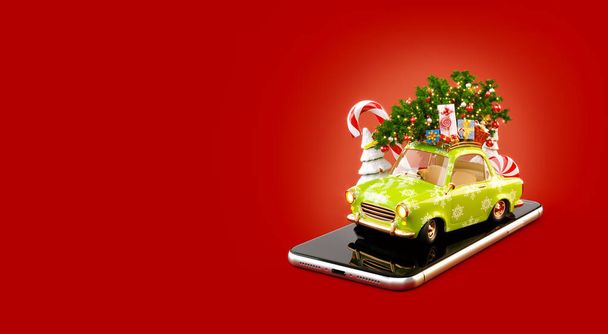 Unusual 3d illustration of a Santa's car with gift boxes and christmas tree on the top. Christmas smartphone application. Merry Christmas and a Happy New Year concept. - Zdjęcie, obraz