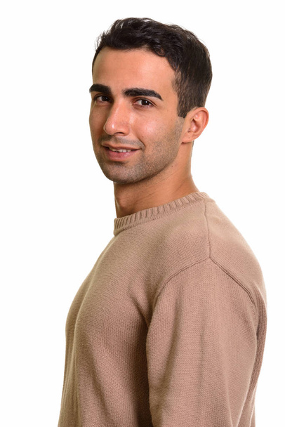 Portret młodzieńca Perski szczęśliwy białym tle - Zdjęcie, obraz