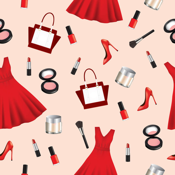 Seamless pattern with woman dress, handbag and makeup, vector - Vettoriali, immagini