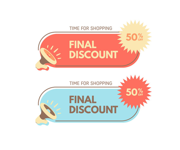 Sale and special offer. 50% off. Megaphone with bubble speech. Concept for promotion and advertising. Sticker for best stock sales. Vector illustration for design or print. - Vettoriali, immagini