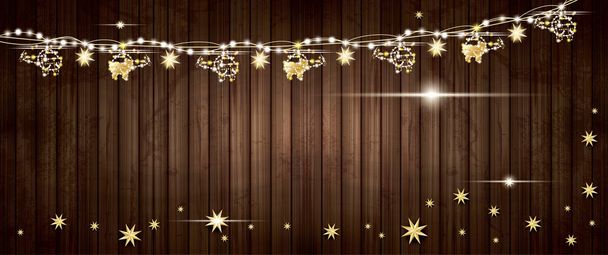 Arany Garland, helikopterek és a csillag a fából készült háttér. Kellemes karácsonyi ünnepeket és boldog új évet koncepció. Vektoros illusztráció. - Vektor, kép