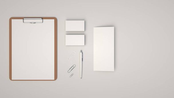 Clipboard with white sheet of paper, business cards, trifold leaflet, paper clips and automatic ballpoint pen on white background. Branding mockup. 3D rendering illustration. - Fotoğraf, Görsel