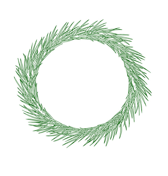 Green round Christmas wreath of pine tree branch. Hand draw ink fir wreath. - Fotoğraf, Görsel