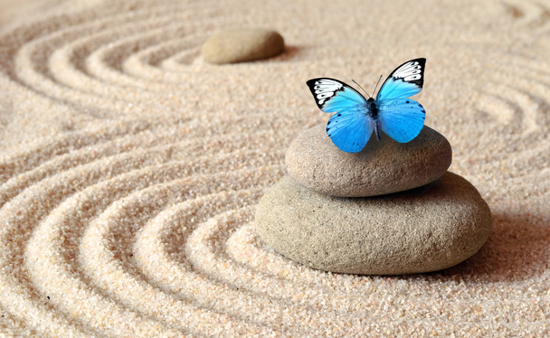Egy élénk kék pillangó egy zen kő-szemű homok kör mintázattal. - Fotó, kép