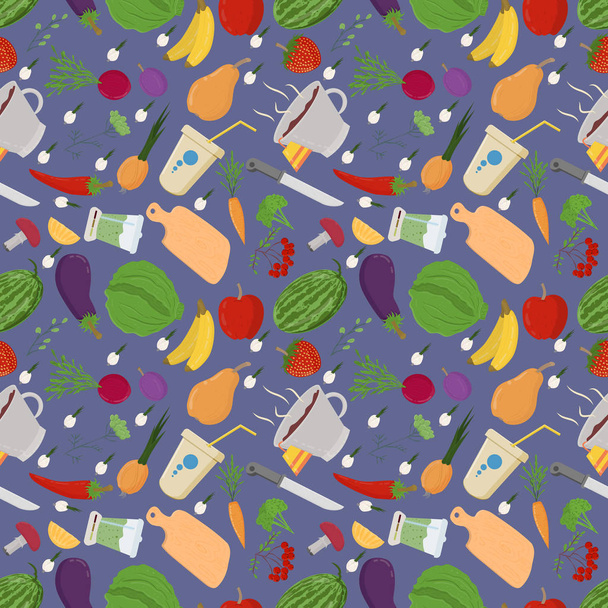 Vektor nahtlose Musterillustration von flachen Stil Gemüse und Obst Beeren für gesunde Ernährung vegetarische Lebensmittel Hintergrund isoliert - Vektor, Bild