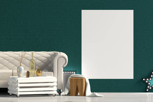 Modern interieur met sofa. Poster mock up. 3D illustratie. - Foto, afbeelding