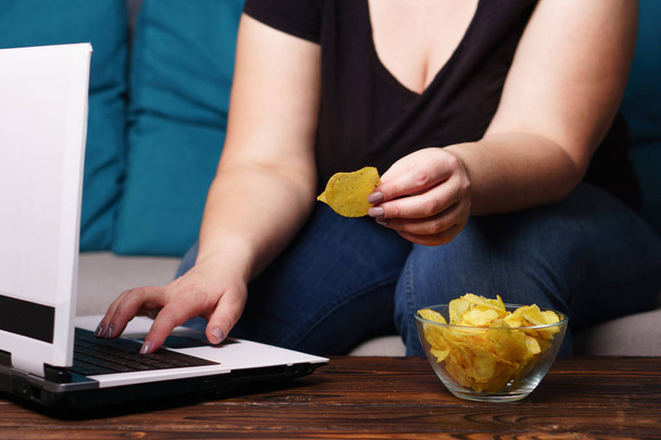 obese woman with laptop, junk food and beer - Foto, immagini
