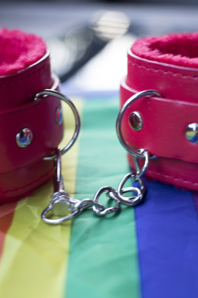Gay lesba Lgbt práva homosexuální hrdosti vlajky s rainbow mutlicolor designem a otroctví s & m pouta. - Fotografie, Obrázek