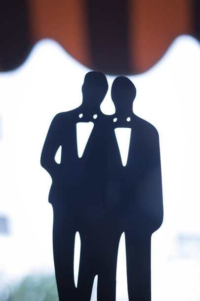 gay LGBT matrimonio coppia sposi indossa abbinamento sera abiti cena giacche silhouette torta topper
. - Foto, immagini