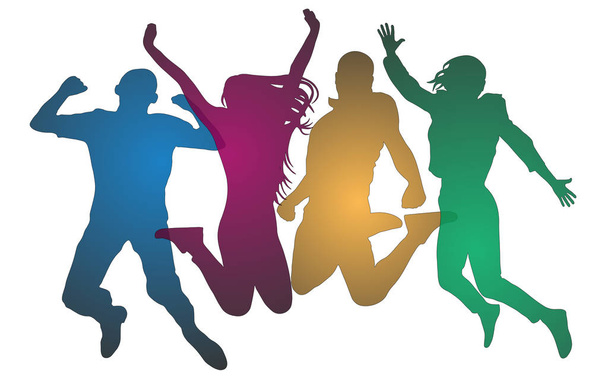 Youth in a jump colored. Cheerful man and woman isolated. Jumping friends. Vector silhouette - Vector, Image