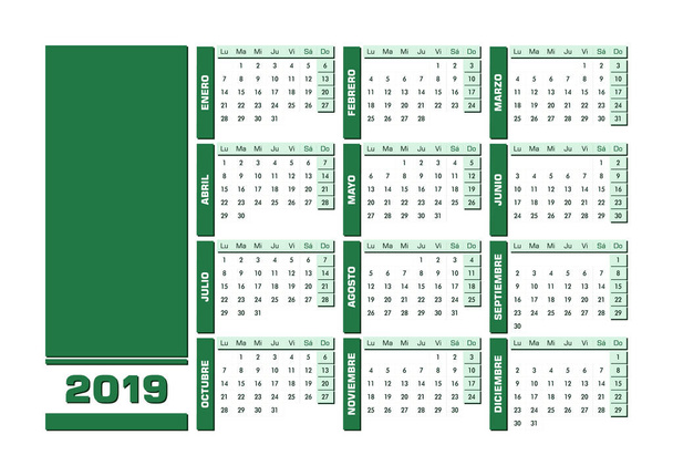 グリーン 2019 スペイン カレンダーです。あなたの内容のための空スペースでベクトル イラスト。すべての要素は並べ替えられ、簡単版レイヤーにグループ化されます。印刷可能な風景バージョン - ベクター画像