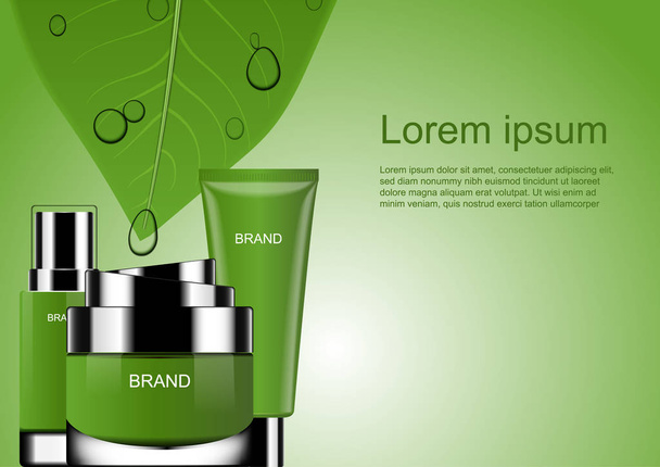 Косметические продукты с листьями и капельками воды на свежем зеленом фоне
 - Вектор,изображение