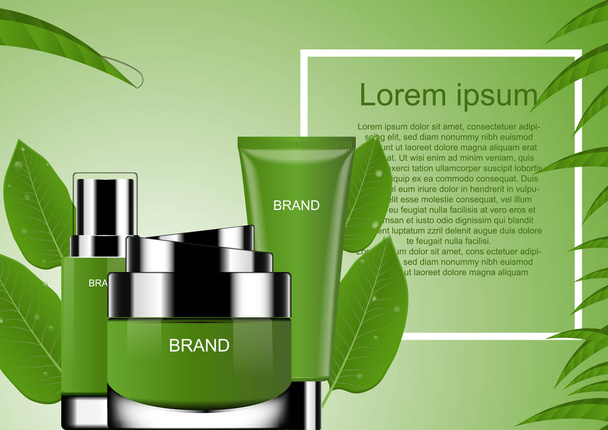 Cosmetic set with green leaves and square frame - Vector, Image