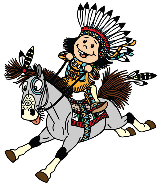 Niño indio nativo de dibujos animados con un sombrero de guerra de plumas y montar un caballo de pony mustang alegre. Ilustración vectorial aislada
 - Vector, imagen