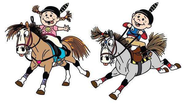 fiú és lány lovaglás póni ló vágtája rajzfilm. Gyermek lovas lovas tábor, vagy nyaralás. Vicces lovas sport. Vektoros illusztráció - Vektor, kép