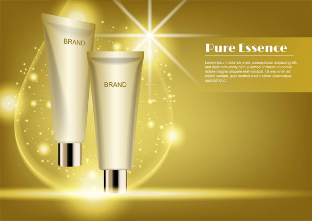 Gold-Kosmetikröhrchen mit Gold-Wassertropfen und Linsenschlaglichteffekten-Vektor-Kosmetikwerbung - Vektor, Bild