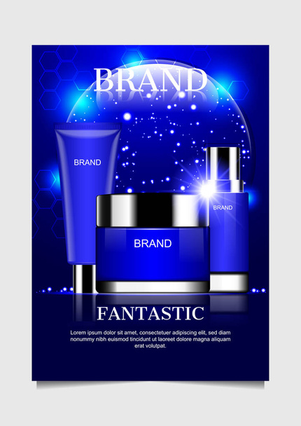 Сині косметичні продукти з блискучими вогнями та фоновим дизайном глобуса для брошури плакатів
 - Вектор, зображення