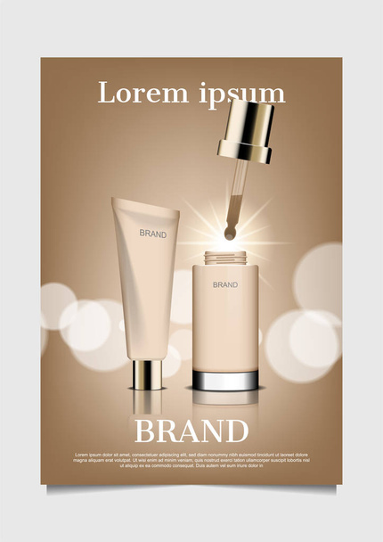 Creme und Serum mit Bokeh auf braunem Hintergrund, Vektor-Premium-Kosmetikwerbung - Vektor, Bild