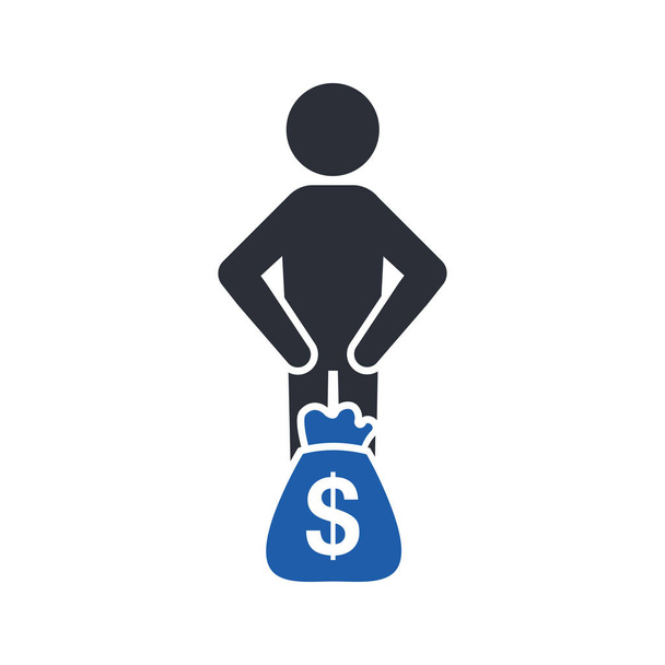 Stickman egy zsák pénzt, dollár valuta karakterjel ikon - Vektor, kép