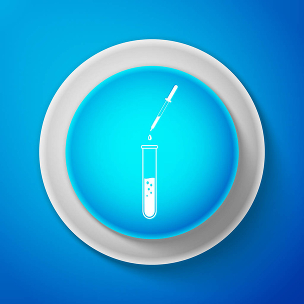 White Laboratory pipette with liquid and falling droplet over glass test tube icon isolated on blue background. Laboratory research or laboratory testing. Circle blue button. Vector Illustration - Vetor, Imagem