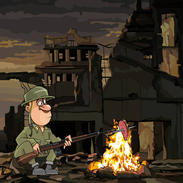 Мультфильм солдат жарит мясо в огне, сидя в руинах
 - Вектор,изображение
