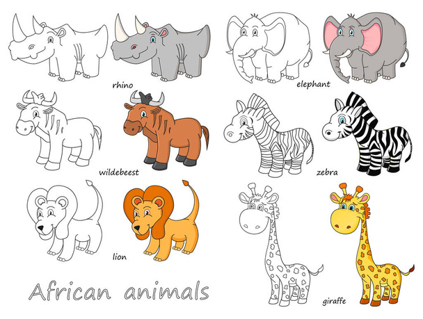 Cartoon Afrikaanse dieren overzicht en gekleurde vectorillustratie - Vector, afbeelding