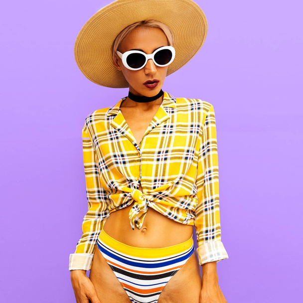 Girl beach country style. Fashion accessories hat and sunglasses. Checkered and stripe vibes - 写真・画像