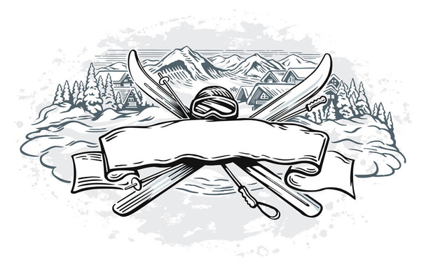 Illustrazione grafica con una serie di oggetti che simboleggiano lo sci di montagna, ed elemento di design come nastro per iscrizioni testuali
. - Vettoriali, immagini