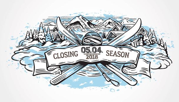 Grafische Illustration mit einer Reihe von Objekten, die das Skifahren in den Bergen symbolisieren, und Gestaltungselement als Band für Textinschriften. - Vektor, Bild