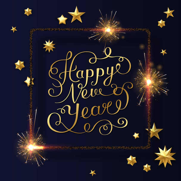 Happy New Year shiny greeting card with sparklers and golden sta - Vector, afbeelding