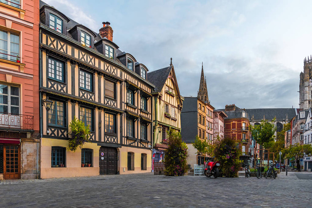 Place du Lieutenant-Aubert with famos old buildings in Rouen, Normandy, France with nobody - Photo, Image