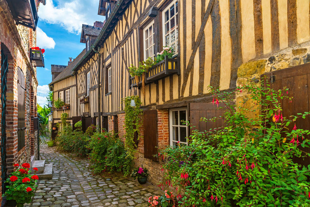 old cozy street with historic half timbered buildings in the the beautiful town of Honfleur, France with nobody - Photo, Image