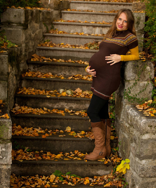 Beautiful pregnant woman outdoor in park on autumn afternoon with vibrant nature colors in background . - Foto, immagini