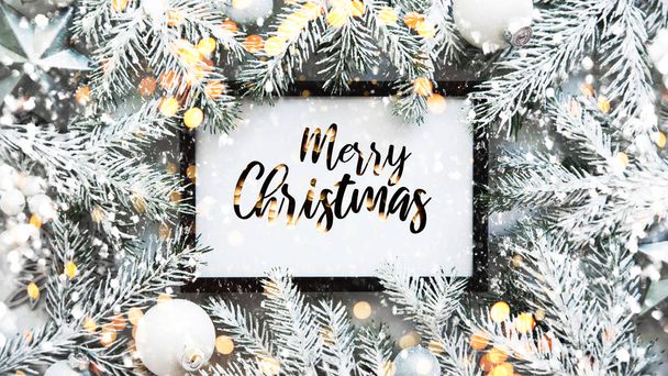 Christmas frame background with xmas tree and xmas decorations. Merry Christmas greeting card, banner. Winter holiday theme. Happy New Year. Space for text. Flat lay - Foto, imagen
