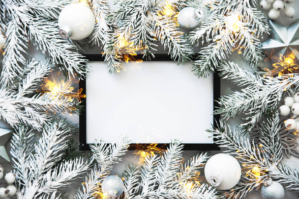 Christmas frame background with xmas tree and xmas decorations.  - 写真・画像