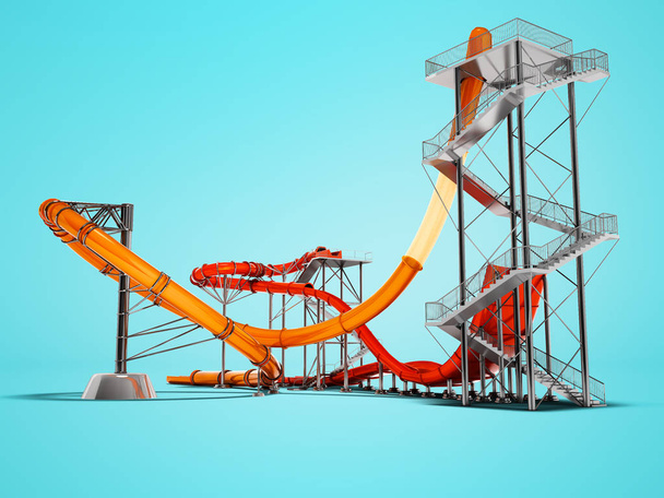 Two large water slides in the water park front view 3d render on blue background with shadow - Photo, Image