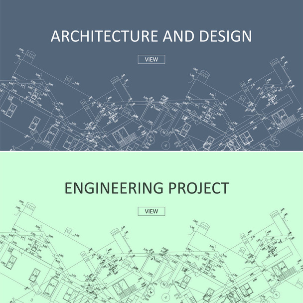Engineering project en architectuur ontwerp webbanners. Technische tekening, bouw, industriële architectuur. - Vector, afbeelding