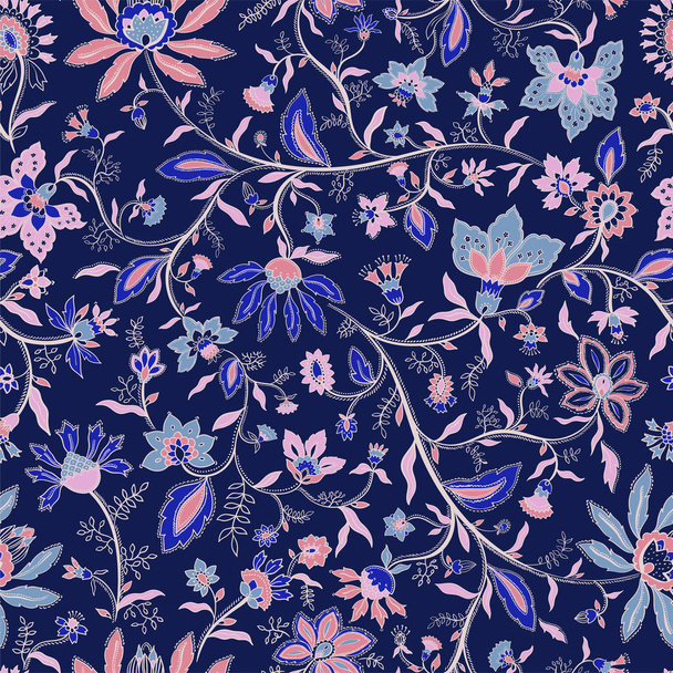 vector seamless ethnic boho pattern with flowers and leaves. Fantasy chintz floral design. - Vector, Imagen