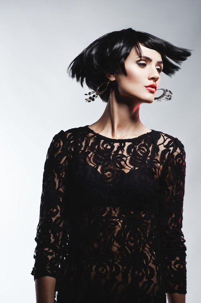 Sexy Fashionl Woman in Black Guipure Dress. Professional Makeup - Fotó, kép
