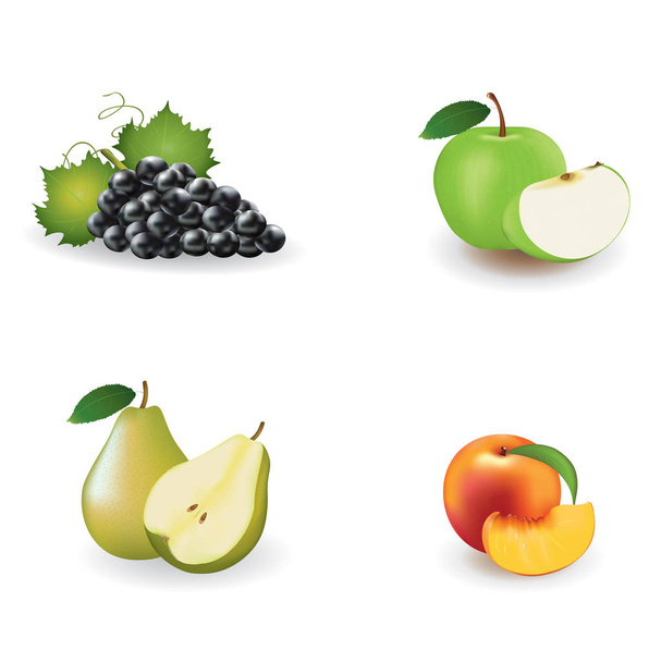 Fresh fruits. apple, pear, grapes and peach with slices. vector illustration - Vector, Image