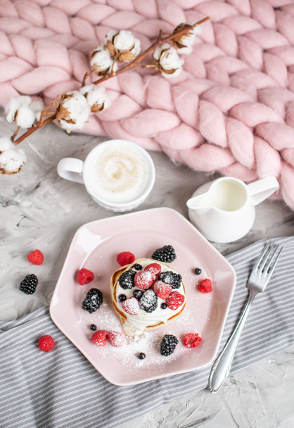 Homemade Pancakes Cappuccino Giant Merino Wool Blanket Pastel Pink Plate Sour Cream Berries Coffee Healthy Breakfast Cotton Flower Morning Concept - Photo, Image